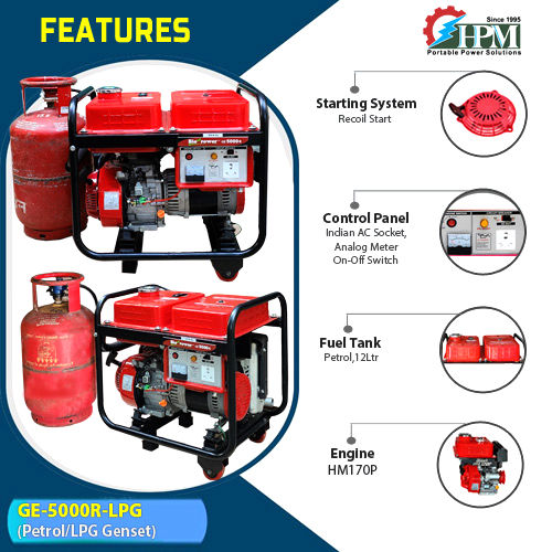 5 KVA ultra light smart portable LPG Generator , Petrol, recoil & LPG RUN, Model GE-5000R